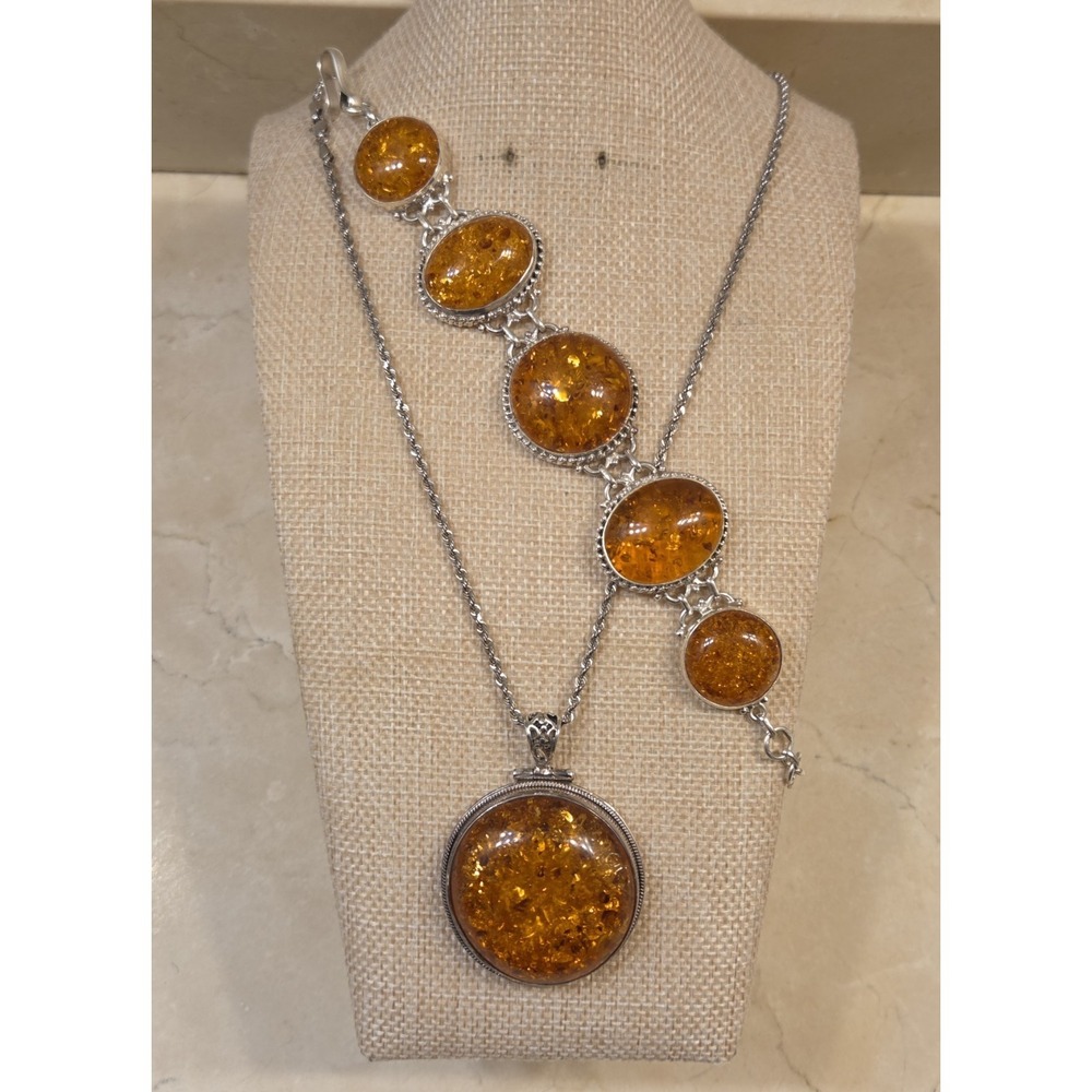 Vintage Sterling Silver & Baltic Amber Large Pendant Necklace 20" & Bracelet Set